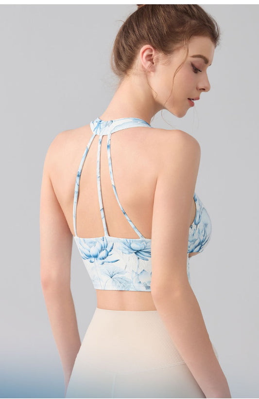 Ink Floral Halter Sports Bra – Twist Front Seamless Yoga Top